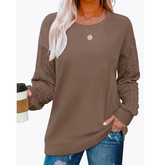 New OFEEFAN Crewneck Sweatshirts Cable Knit Sleeve Lightweight Brown Women’s - Picture 1 of 12